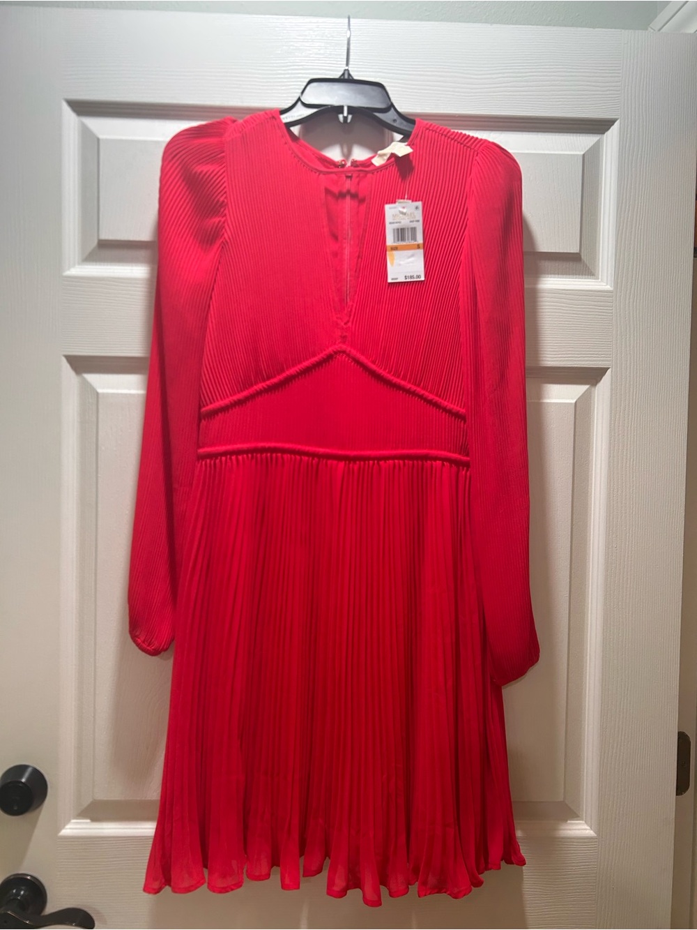 Michael Kors Red Pleated Long-Sleeve Midi Dress